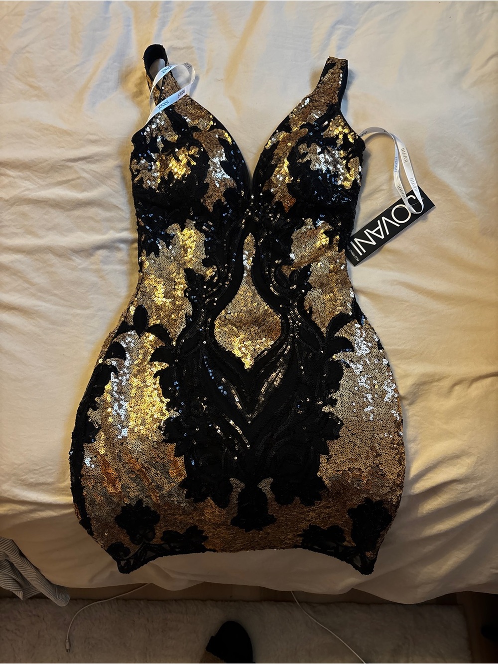 Jovani Black and Gold Sequin Cocktail Dress